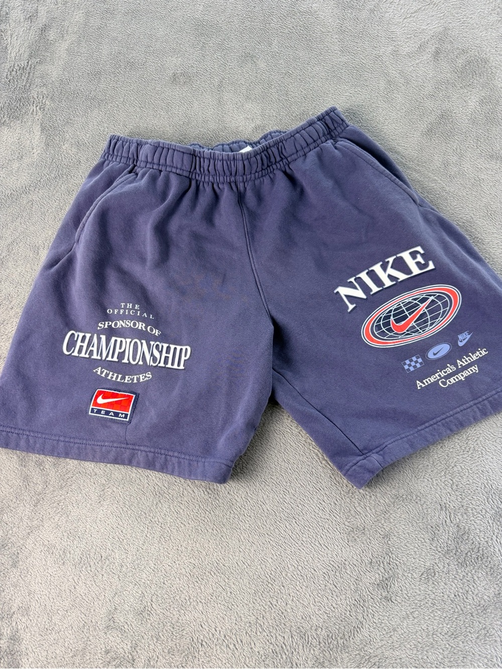 Nike Team Shorts Mens XL Y2K Graphic Fleece Spell Out Logo Blue Vintage